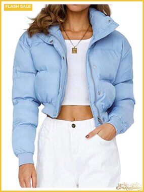 Cropped Puffer Jacket Short Quilted Bubble Coat Full Zip Snap Button